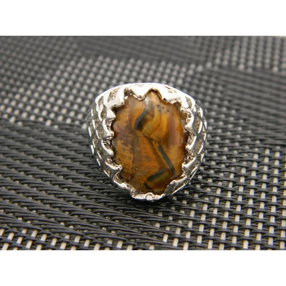Silver Tone Brown Jadeite Tiger's Eye Ring 8